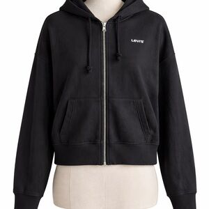 Levi's Logo Trim Full Zip Hoodie Women's Small Black Cropped Tape Sleeve Jacket